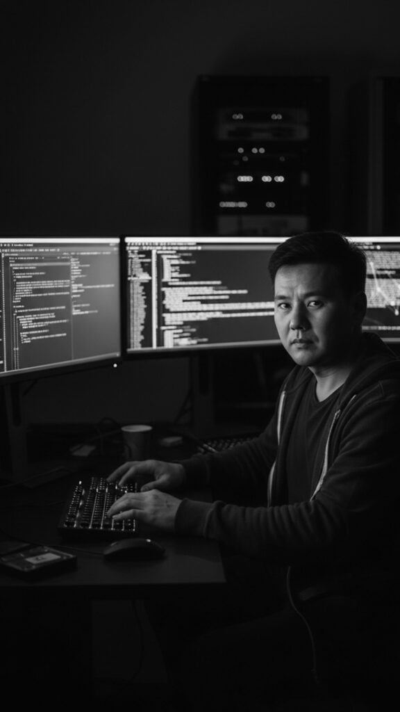 man in a room with multiple monitors that is displaying code. The room is dark and there is a keyboard on the desk that he typing on.